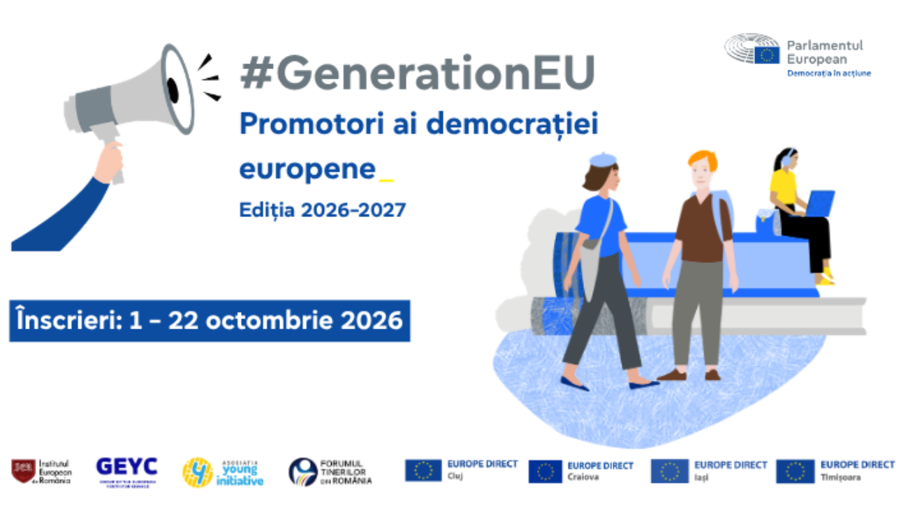 Afiș GenerationEU: Promotori ai democrației europene, ediția 2026–2027, înscrieri 1–22 octombrie 2026