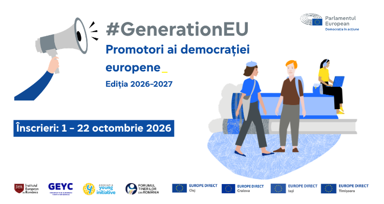Afiș GenerationEU: Promotori ai democrației europene, ediția 2026–2027, înscrieri 1–22 octombrie 2026
