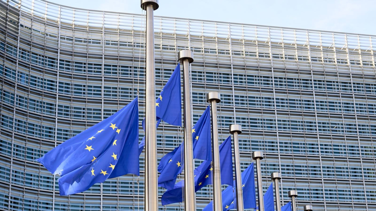 Rând de steaguri europene în fața clădirii Berlaymont