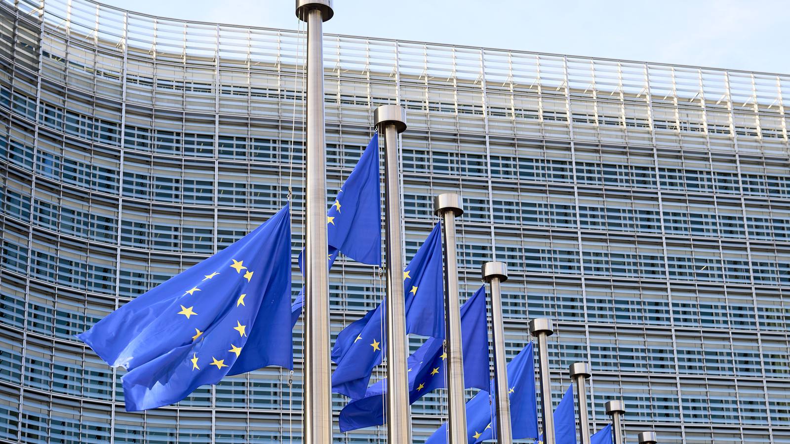 Rând de steaguri europene în fața clădirii Berlaymont